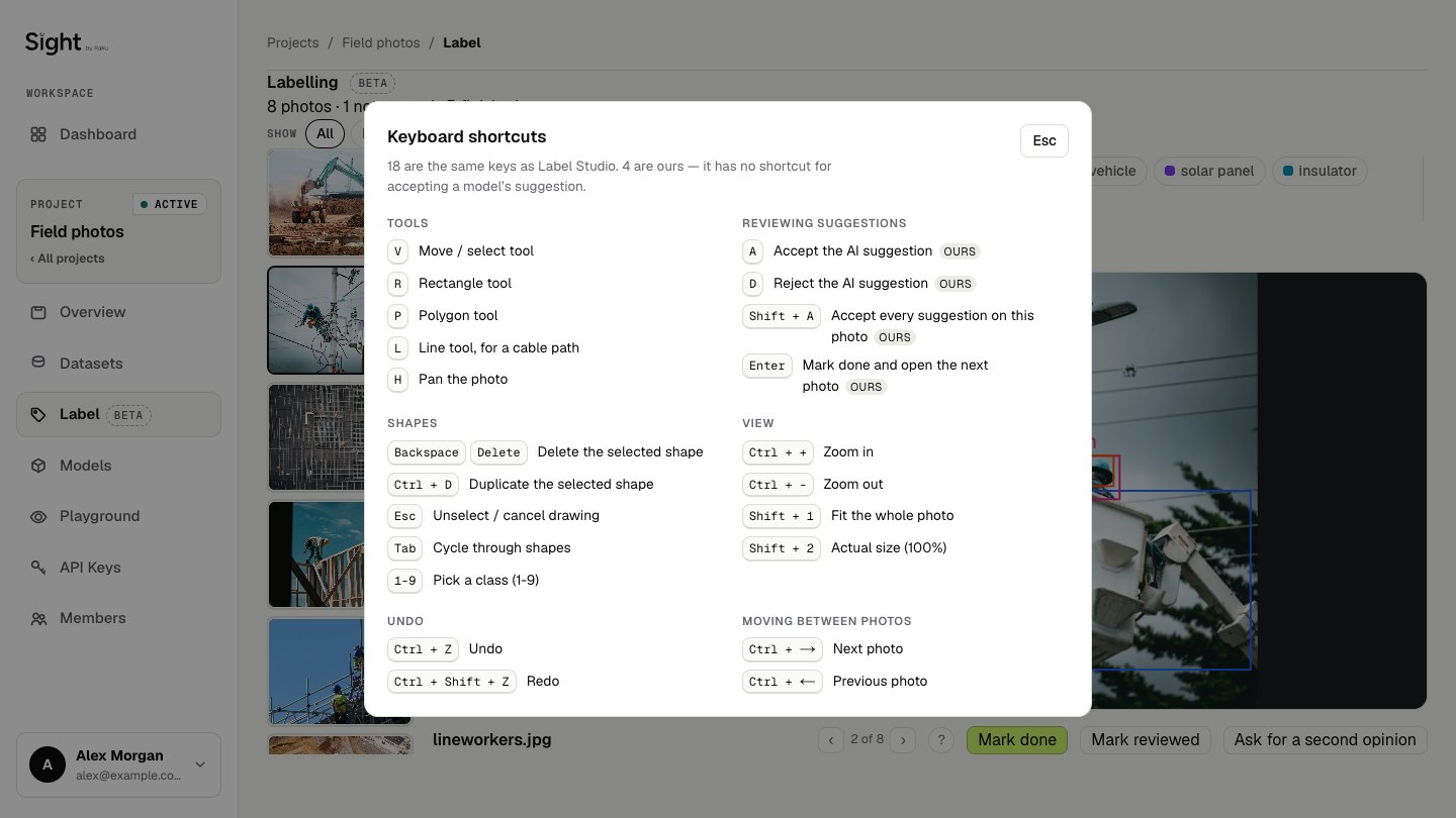 The keyboard shortcuts panel